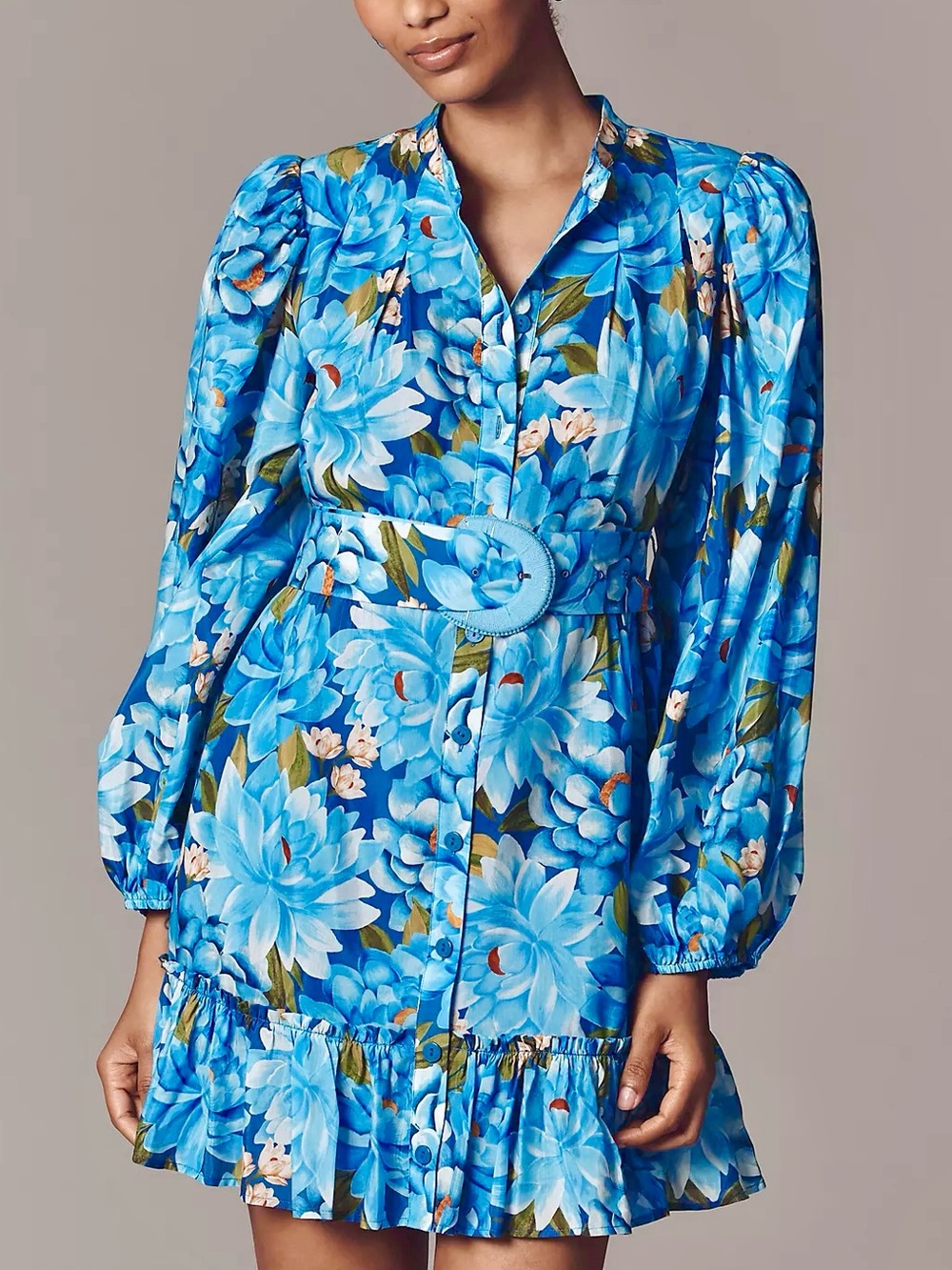 FARM RIO X ANTHROPOLOGIE LONG-SLEEVE MINI SWING Blue Floral Belted DRESS